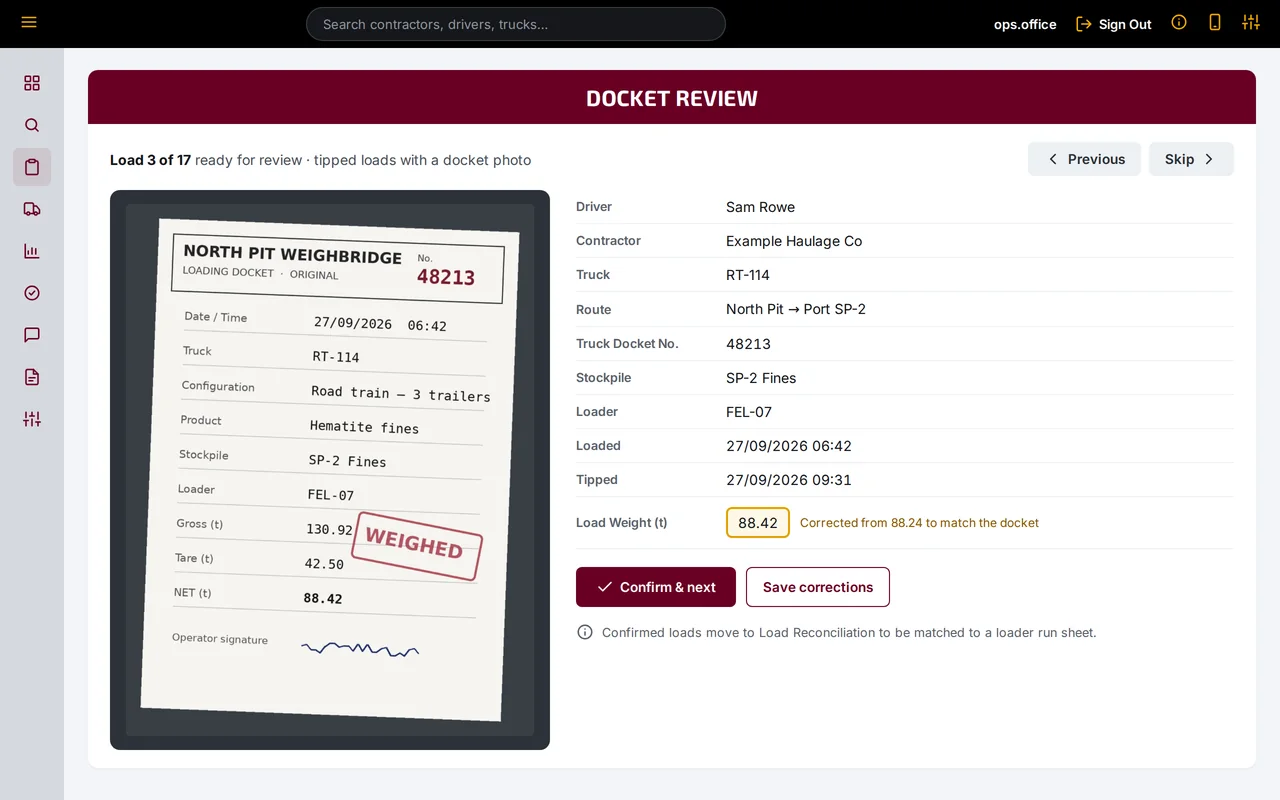 Docket review screen showing a photographed weighbridge docket beside the details the driver entered